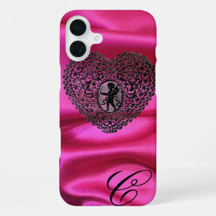 Funda Para iPhone 16 Plus CORAZÓN DE ENCAJE DE CUPIDO DE SEDA NEGRA FUCsia T