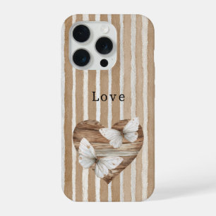 Corazón de madera falsa marrón mariposas blancas a
