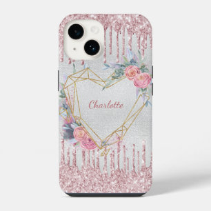 Funda Para iPhone 14 Corazón floral nombre rosa rubor plateado