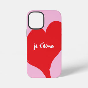 Funda Para iPhone 12 Mini Corazón rojo con je t’aime-text sobre fondo rosado