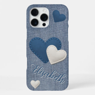 Funda Para iPhone 16 Pro Max Corazones azules y marfil con título y nombre en d