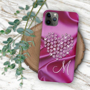 Funda Para iPhone 16 Pro Max Corazones con Patrón de Diamantes Brillantes Rosa 