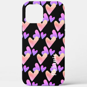 Funda Para iPhone 12 Pro Max Corazones de Acuarela Púrpura Rosa Monograma en Ne