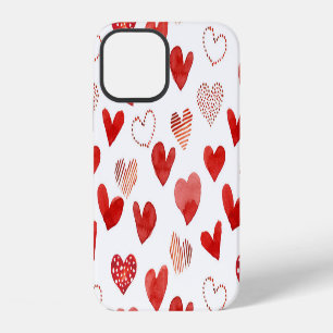 Funda Para iPhone 12 Corazones de amor rojos, patrón de acuarela.