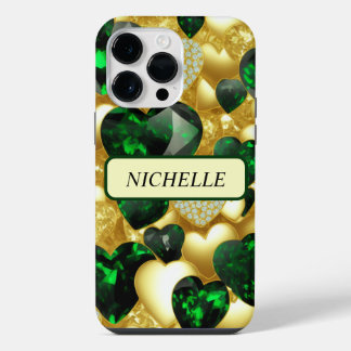 Funda Para iPhone 14 Pro Max Corazones de Esmeralda, Oro y Diamante