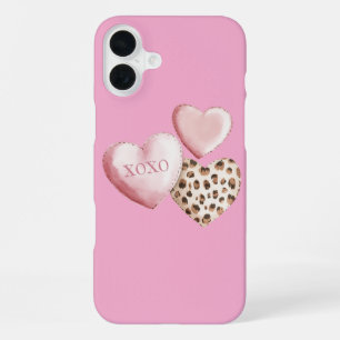 Funda Para iPhone 16 Plus Corazones de estampado de leopardo XOXO rosa