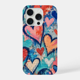 Corazones de grafiti azules y coral con gotas de p