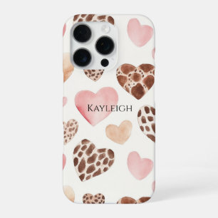 Funda Para iPhone 16 Pro Corazones de leopardo rosa crema marrón