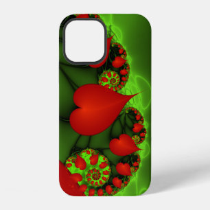 Funda Para iPhone 12 Corazones rojos animan el arte fractal verde moder