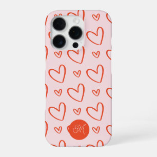 Funda Para iPhone 16 Pro Corazones rojos en fondo rosa con inicial del nomb