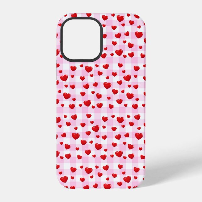 Funda Para iPhone corazones rojos sobre gingham rosa (Reverso )