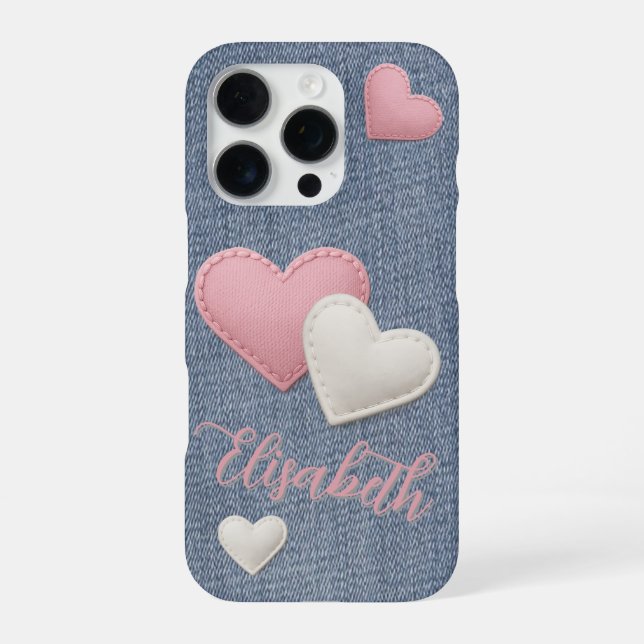 Funda Para iPhone Corazones rosadas y blancas con título en Denim (Reverso)