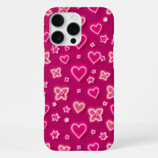 Funda Para iPhone 16 Pro Max Corazones y Flores Neón Rosa Vibrante Patrón Retro
