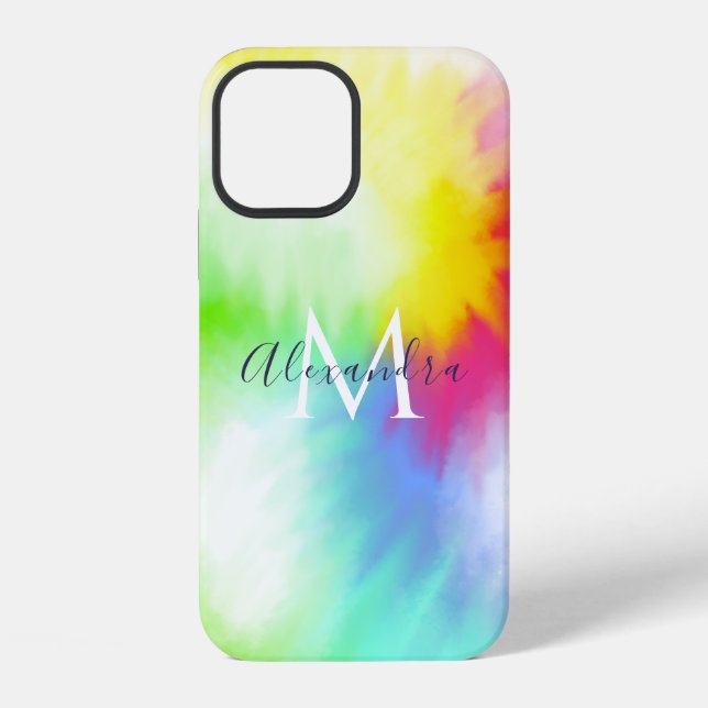 Funda Para iPhone Corbata abstracta de arcoíris teñida de monograma  (Reverso )