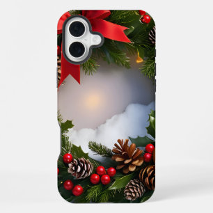 Funda Para iPhone 16 Plus Corona de Navidad Pino Cinta Roja Nieve