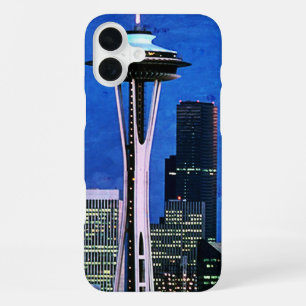 Funda Para iPhone 16 Plus Cortina de ducha de la silueta de Seattle azul