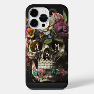 Funda Para iPhone 14 Pro Max Cráneo Floral Gótic Pagan Monograma Iniciales