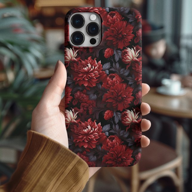 Funda Para iPhone Crisantemo Rojo Gótico Oscuro Floral (Luxury Dark Floral iPhone 16 Pro Case | Gothic Red Botanical Phone Cover)