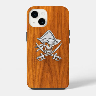 Funda Para iPhone 14 Crossbone pirata cromado en madera de teca