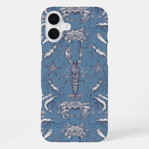 Funda Para iPhone 16 Plus crustáceos de cornwall damasco azul ultra marino