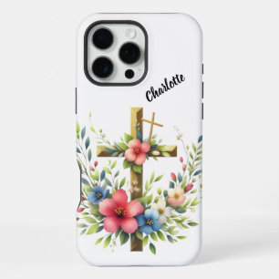 Funda Para iPhone 16 Pro Max Cruz cristiana enmarcada por Halo floral artístico