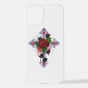 Funda Para iPhone 12 Cruz de Plata con una Rosa Roja