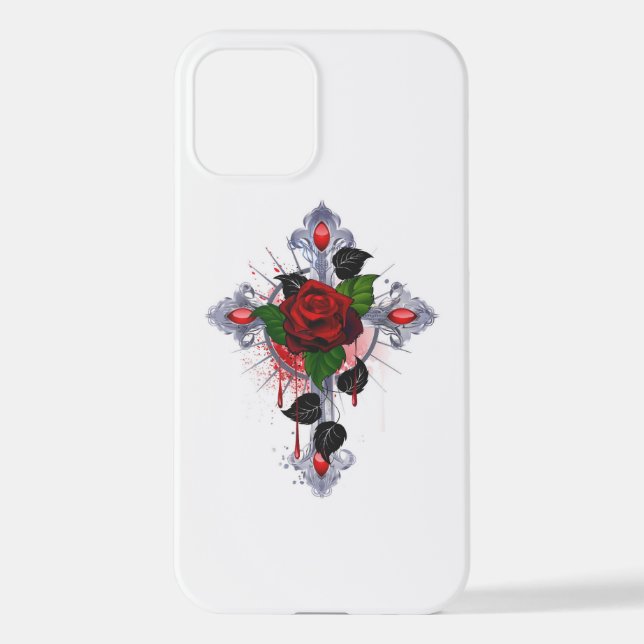 Funda Para iPhone Cruz de Plata con una Rosa Roja (Reverso )