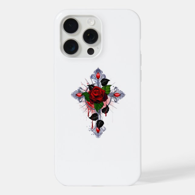 Funda Para iPhone Cruz de Plata con una Rosa Roja (Reverso )