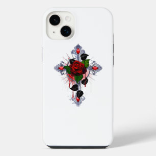 Funda Para iPhone 14 Plus Cruz de Plata con una Rosa Roja