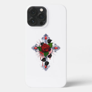 Funda Para iPhone 13 Pro Max Cruz de Plata con una Rosa Roja
