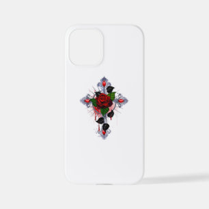 Funda Para iPhone 12 Mini Cruz de Plata con una Rosa Roja