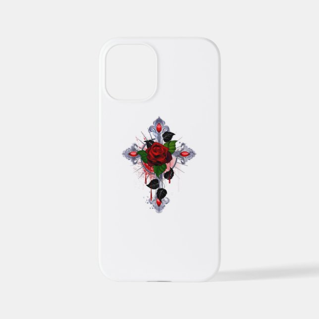 Funda Para iPhone Cruz de Plata con una Rosa Roja (Reverso )