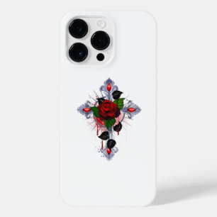 Funda Para iPhone 14 Pro Max Cruz de Plata con una Rosa Roja