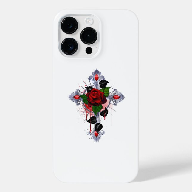 Funda Para iPhone Cruz de Plata con una Rosa Roja (Reverso)