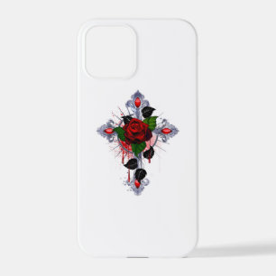 Funda Para iPhone 12 Pro Cruz de Plata con una Rosa Roja