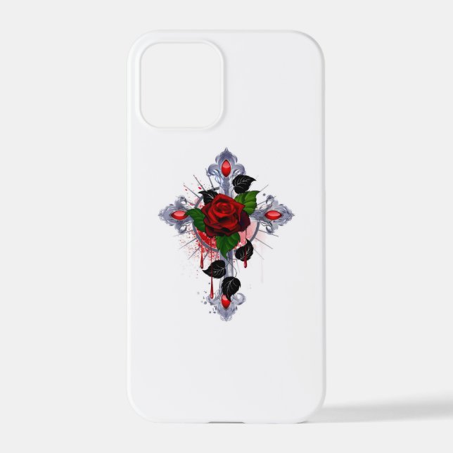 Funda Para iPhone Cruz de Plata con una Rosa Roja (Reverso )