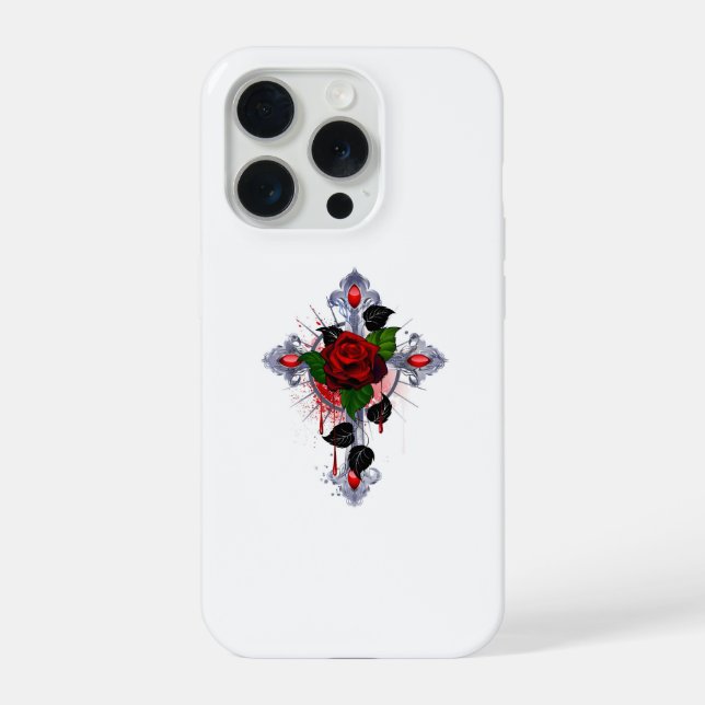 Funda Para iPhone Cruz de Plata con una Rosa Roja (Reverso )