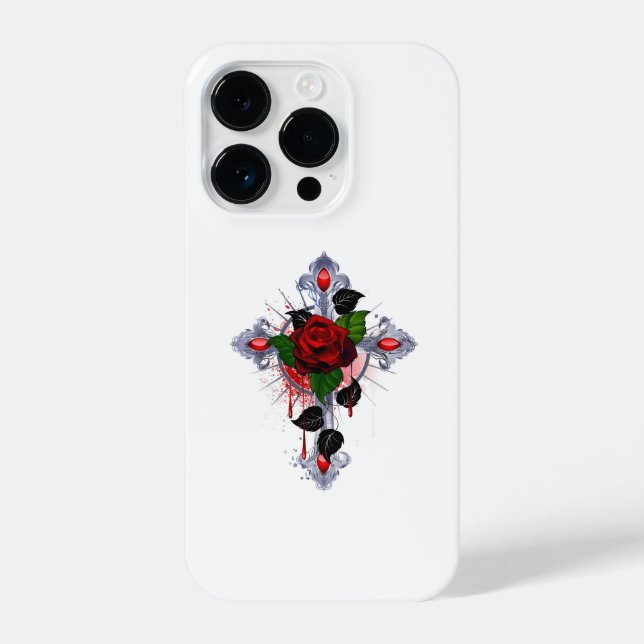 Funda Para iPhone Cruz de Plata con una Rosa Roja (Reverso )