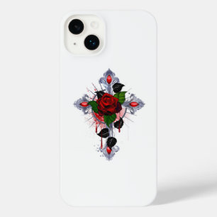 Funda Para iPhone 14 Plus Cruz de Plata con una Rosa Roja