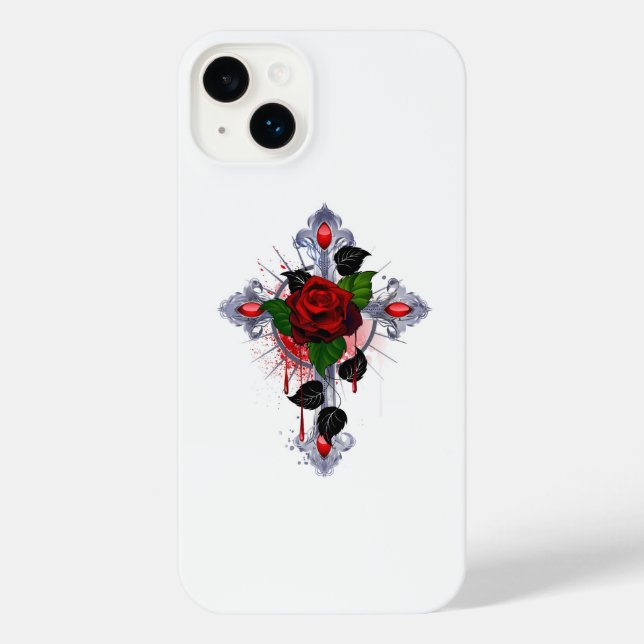 Funda Para iPhone Cruz de Plata con una Rosa Roja (Reverso )
