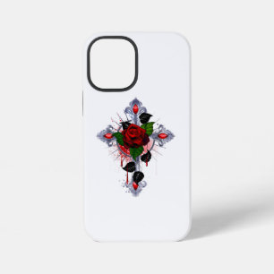 Funda Para iPhone 12 Mini Cruz de Plata con una Rosa Roja