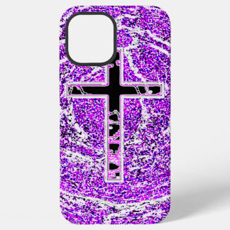 FUNDA PARA iPhone 12 PRO MAX CRUZ NEGRA Y ROSA CON FONDO PURPURA