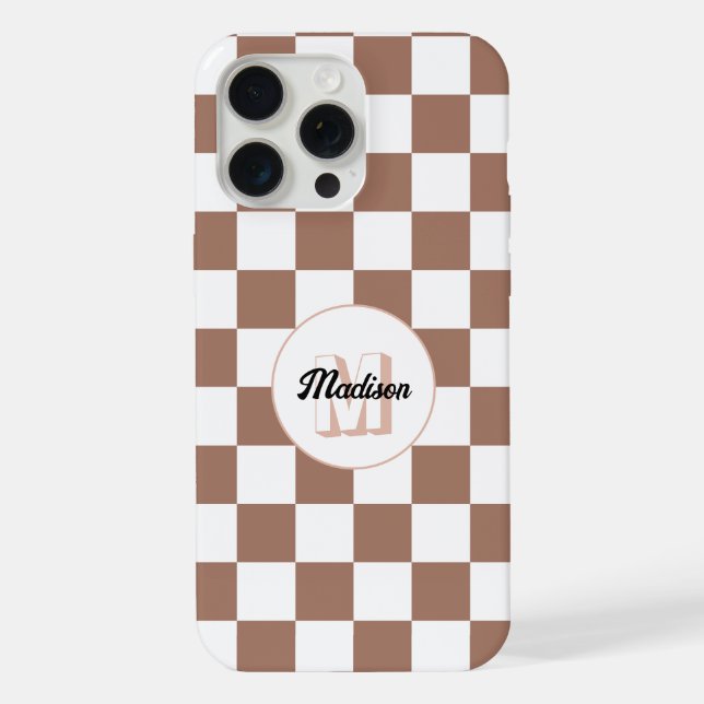 Funda Para iPhone Cuadrados de damero mocha marrón blanco Monograma  (Reverso )