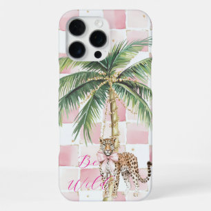 Funda Para iPhone 16 Pro Max Cuadrados Rosa Chic Árbol de Palma Dorado Leopardo