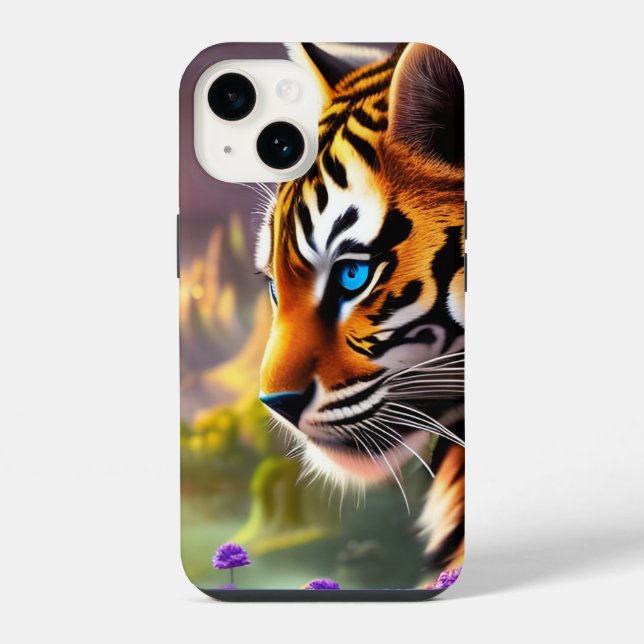 Funda Para iPhone Cubo de tigres, flores moradas (Reverso )