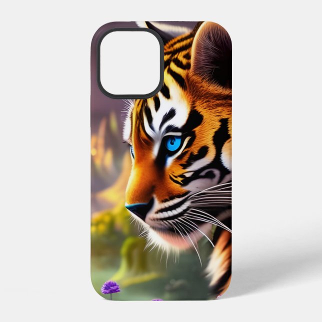 Funda Para iPhone Cubo de tigres, flores moradas (Reverso )