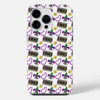FUNDA PARA iPhone 14 PRO MAX CUENTAS DE MARDI GRAS BLANCAS PURPURA VERDES AMARI
