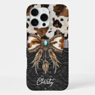 Funda Para iPhone 16 Pro Max Cuero de vaca Cuero negro Joyas Lazo