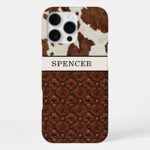 Funda Para iPhone 16 Pro Max Cuero de vaca marrón y cuero monogramado