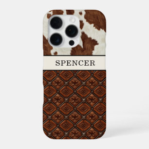 Funda Para iPhone 16 Pro Cuero de vaca marrón y cuero monogramado